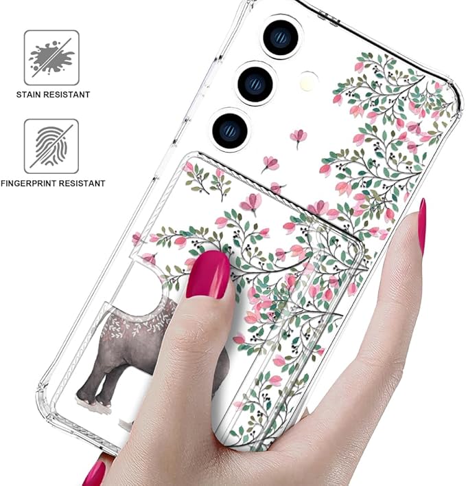 Compatible with Samsung Galaxy S24+ Plus / S25+ Plus Case Card Holder for Women Cute Design,Wallet Phone Cases Transparent Cool Kawaii Protective (Clear Elephant Flowers)