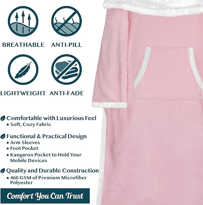PAVILIA Sherpa Blanket with Sleeves, Foot Pocket for Women Men Adults, Thick Wearable Blanket Throw Wrap, Fleece Warm Snuggle Blanket Robe, Cozy Gift Ideas Wife Mom, Pink