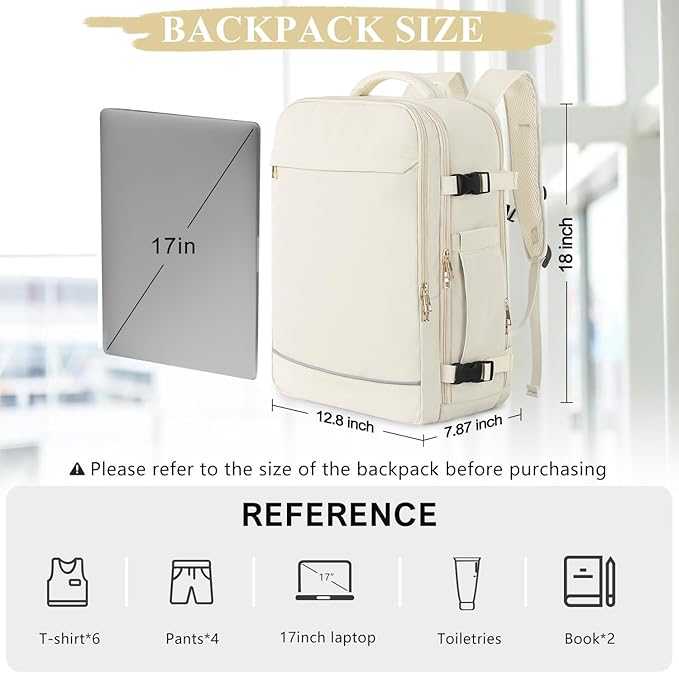 Sinaliy Travel Backpack, 40L 17 inch Laptop Waterproof Backpack Carry on Flight Approved, Personal Item Travel Bag, Casual Daypack for College, Business, Weekend, Work, Beige