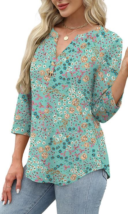 OFEEFAN Womens Tops 3/4 Sleeve Henley Shirts for Women Summer Outfits Fashion Clothing
