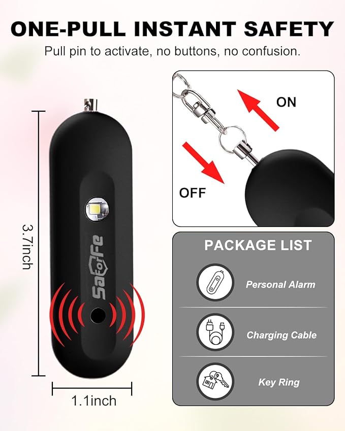 Personal Safety Alarm for Women - Waterproof Rechargeable Security Alarm - 140dB Extra Loud Siren with SOS Strobe Light - Self Defense Keychain for Women Girls Teens Seniors(Black)