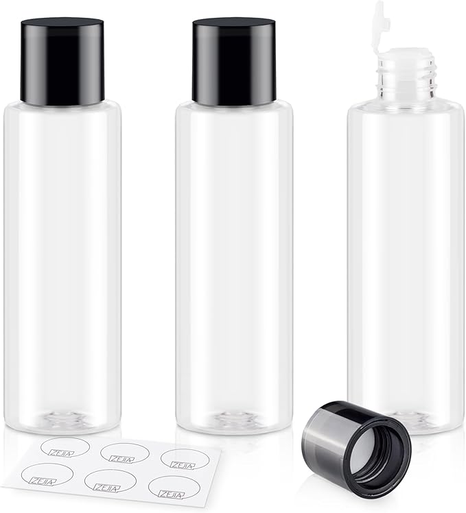ZEJIA Clear 150ML/5OZ Travel Size Toiletries, 3 Pack Plastic Travel Bottles, Double Leak Proof Travel Size Containers for Shampoo, Lotion, Body Wash, Refillable Empty Travel Bottles with 6pcs Labels