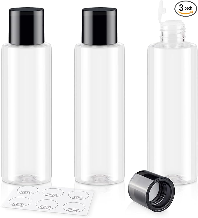 ZEJIA Clear 150ML/5OZ Travel Size Toiletries, 3 Pack Plastic Travel Bottles, Double Leak Proof Travel Size Containers for Shampoo, Lotion, Body Wash, Refillable Empty Travel Bottles with 6pcs Labels