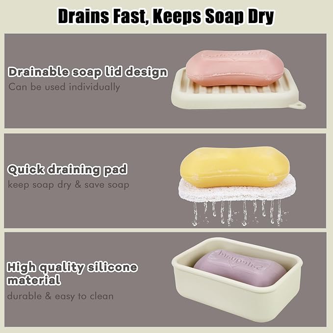 Silicone Leak-Proof Travel Soap Case, Portable Soap Container with Removable Draining Pad, Compact Soap Box for Travel, Gym, Camping, Bathroom(Off White)