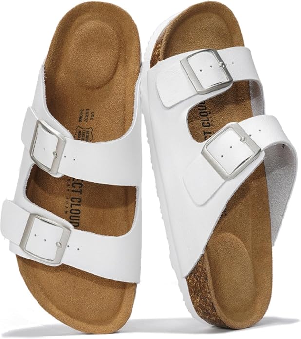 Project Cloud 100% Genuine Leather Flat Sandals For Women 2026 Cork Footbed Womens Sandals with Memory Foam and arch support Vacation Essentials Slides for Women Footwear (Venita)