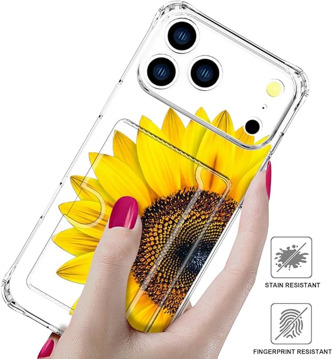 Compatible with iPhone 17 Pro Case Card Holder for Women Cute Design,Wallet Phone Cases Transparent Cool Kawaii Protective (Clear Sunflower Sun Flower)