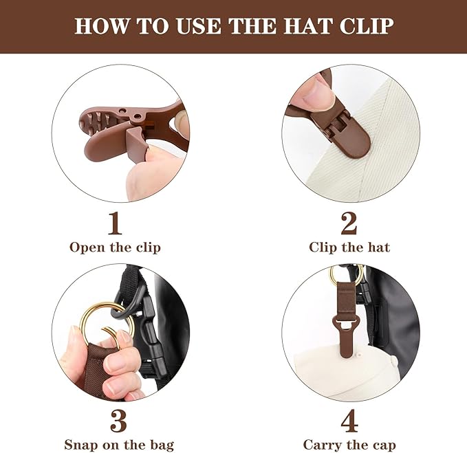 Niveaya Hat Clip for Travel on Bag - 2 Pack, Vacation Beach Cruise Essentials Accessory for Travel Handbag Backpack Luggage, Securely Hold to Keep Hat Shaped, Brown+Brown
