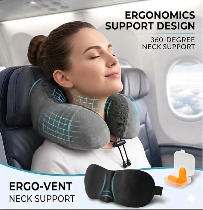 Airplane Travel Neck Pillow, 100% Memory Foam Ergonomic Neck Support, Airplanes Neck Pillow with Washable Cover Travel Essential for Flight, Office includes Eye Masks, Earplugs & Carry Bag (Dark Gray)