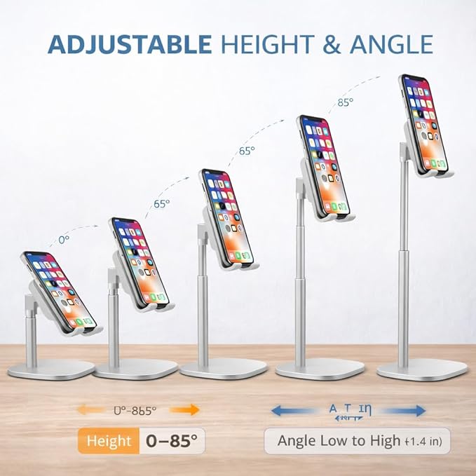 Mizi Cell Phone Stand - Adjustable Angle & Height Desk Phone Holder Dock Compatible with iPhone 17/16/15 Pro Max, Samsung Galaxy, iPad, Switch & All Smartphones (3.5–10 Inch) - White