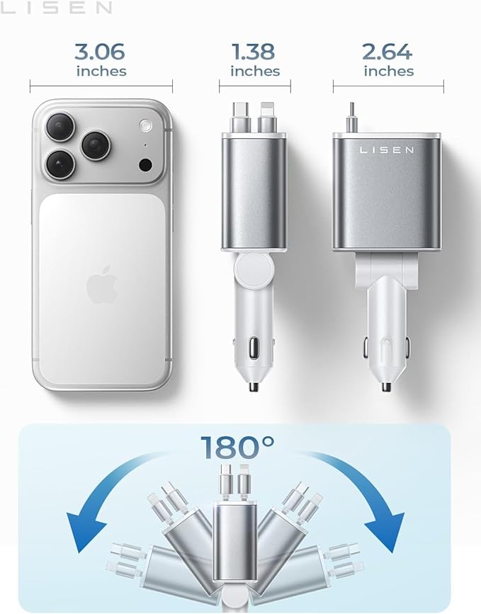 LISEN White Retractable Car Charger, for Gifts for Him Her, for iPhone 17, Cute 4 in 1 Retractable USB C Car Charger for Women, 75W Fast Charging Car Accessories for iPhone & Samsung S26 & Android