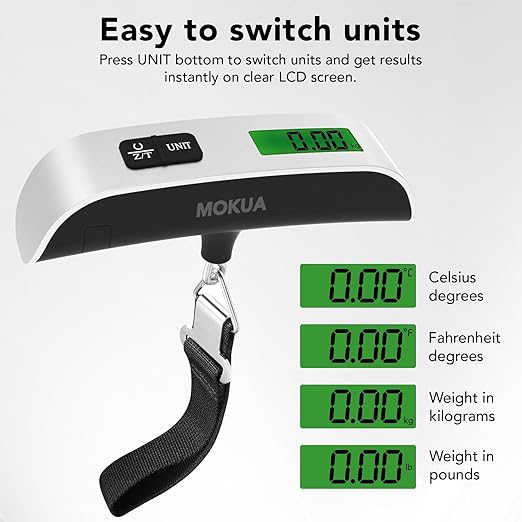 MOKUA Portable Digital Luggage Scale, 110lbs Hanging Baggage Scale with Backlit LCD Display, Portable Suitcase Weighing Scale, Travel Luggage Weight Scale with Hook