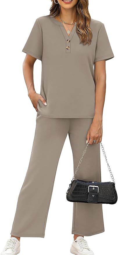 OFEEFAN 2 Piece Sets for Women Spring Fashion Beach Vacation Cruise Outfit Dressy Casual Wide Leg Crop Pants Resort Wear