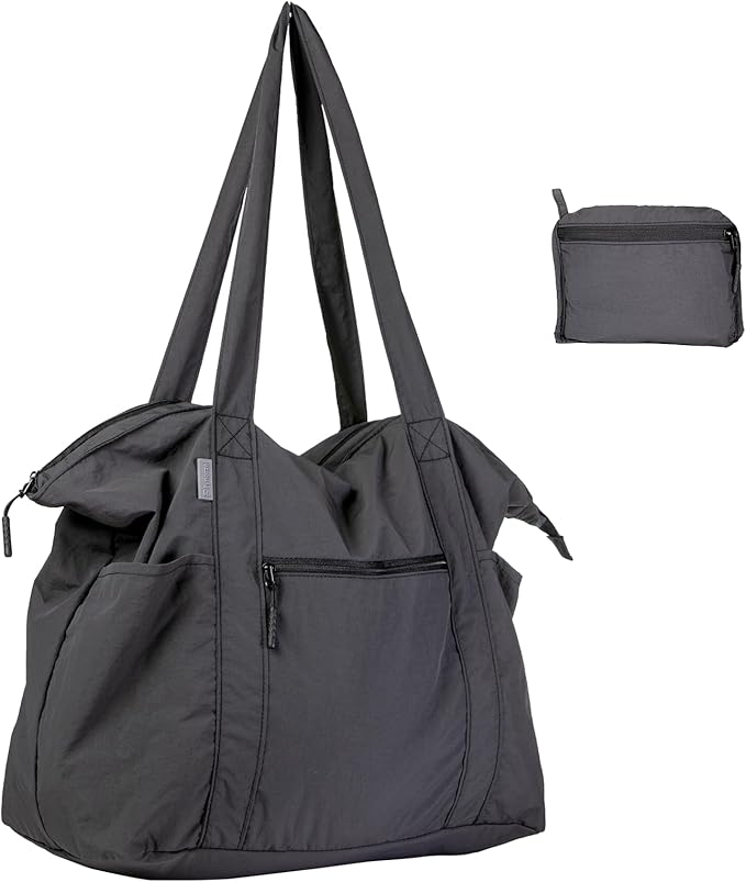 Ultra Light Packable Tote Bag Nylon for Travel, Lightweight Polyester Foldable Totes with Zipper, 25L Collapsible Compact Dark Grey, Gifts for Christmas