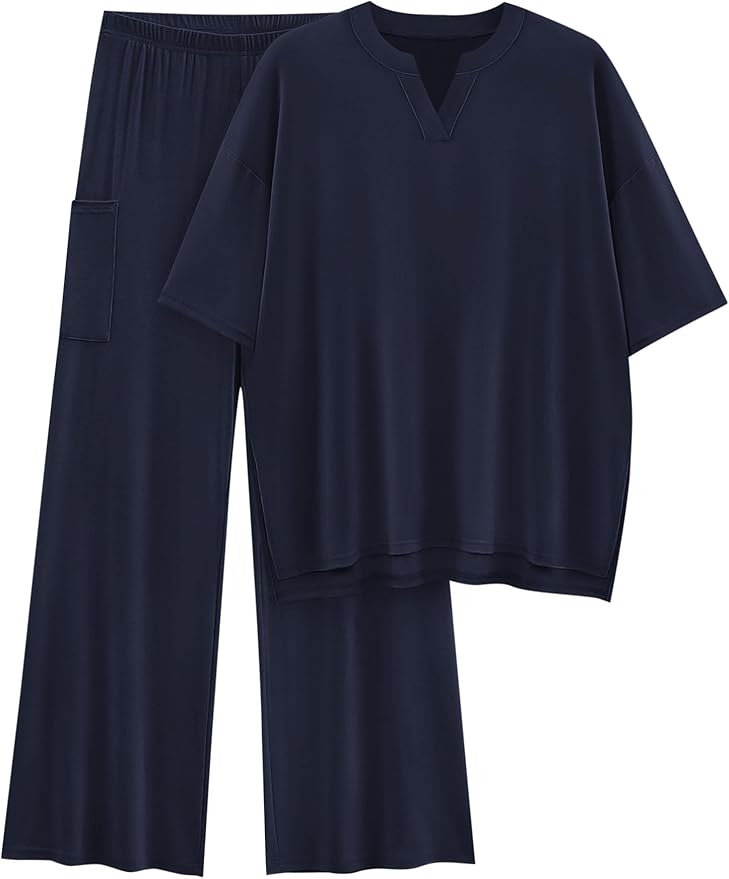 KIRUNDO Womens 2 Piece Matching Lounge Set Airport Travel Vacation Summer Outfits Oversized Short Sleeve Tops Wide Leg Pants