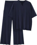 KIRUNDO Womens 2 Piece Matching Lounge Set Airport Travel Vacation Summer Outfits Oversized Short Sleeve Tops Wide Leg Pants