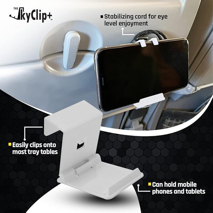 The SkyClip+ Phone & Tablet Holder for Air Travel, Home and Office Use - Inflight Phone Mount & Stand Compatible with iPhone, Android, Kindle and Tablets - Ultimate Travel Accessory (White)