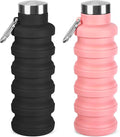 Collapsible Water Bottles 17oz, Portable Leak-Proof Travel Water Bottle, Reusable BPA Free Silicone Foldable Water Bottle with Carabiner for Gym, Traveling, Camping, Hiking, Sports(Black+Pink)