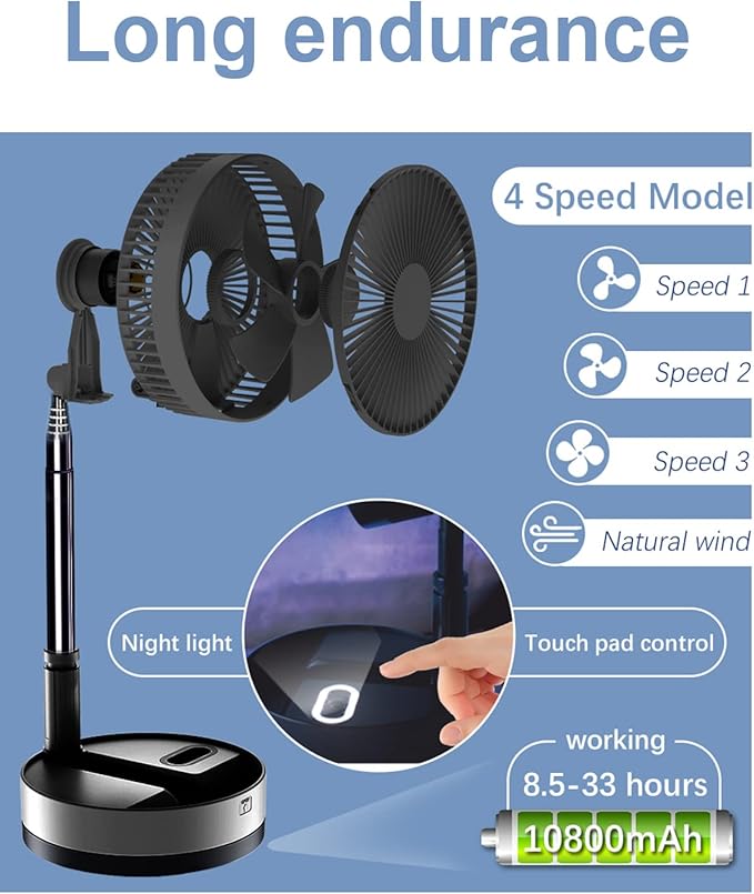 UN UNITEDTIME Foldable Fan Foldaway Oscillating with Remote Control, 10800mAh Battery Operated Fans, Portable for Outdoor, Courtyard, Beach,Travel, Room,4 Speeds, with Timer night light (Black)