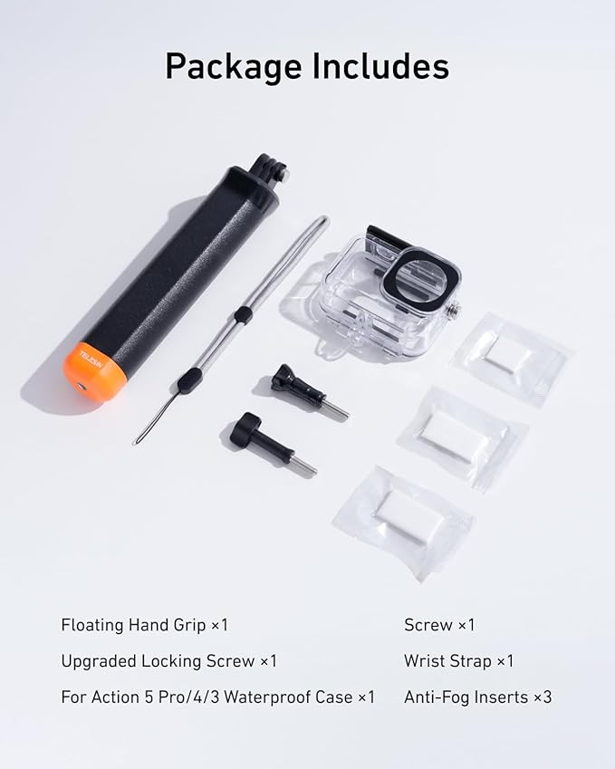 TELESIN Waterproof Case With Floating Stick for DJI Action 5 Pro Action 4/3 Camera, with Anti-Fog Underwater Housing Shell Cage Supports 60M/196FT Deep Diving Scuba Snorkeling with Quick Release Screw