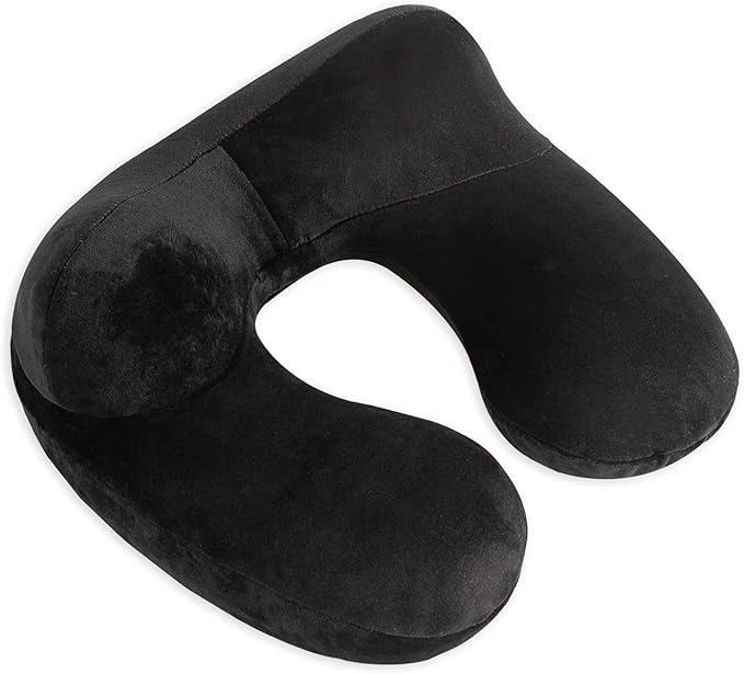Inflatable Travel Pillow, Neck Pillow Support for Traveling, Airplanes, Cars, and Offices with Compact Carrying Bag, Soft Velvet Washable Cover, Ideal for Adult Sleepers (Black)