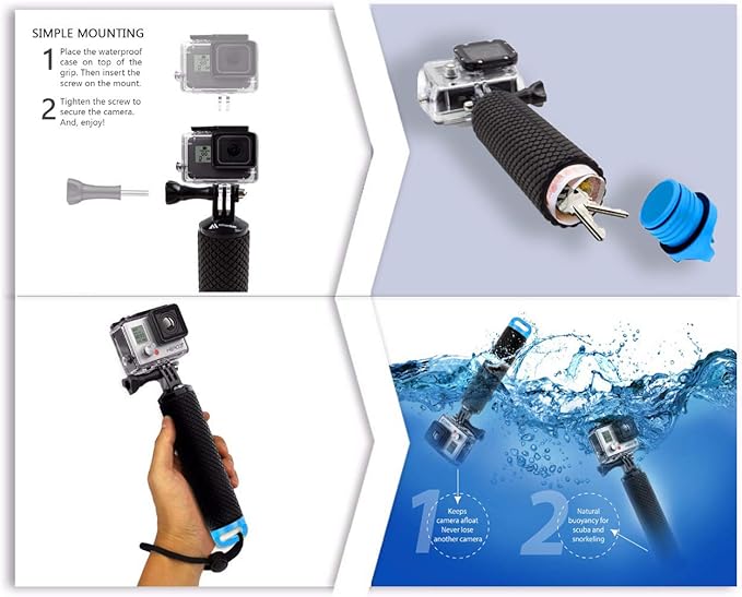 Floating Hand Grip Waterproof Monopod for GoPro Hero 13 12 11 10 9 8 7 6 5 4 3+ 2 1 Session Black Silver Handler & Handle Mount Accessories Kit for Water Sport and Action Cameras (Blue)