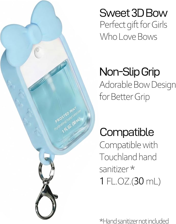 Silicone Bow Case Compatible with Touchland Hand Sanitizer Spray 1 oz (30 mL), Cute Holder with Keychain Clip, Gift for Girls
