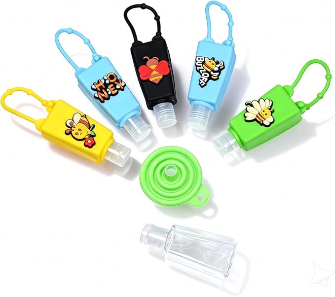5-Pack Cartoon Kids Hand Sanitizer Holder, 30ml Travel Size Refillable Bottles with Silicone Case, Leak-Proof Portable Containers for Lotion & Liquid Soap (Buzzy Bee)