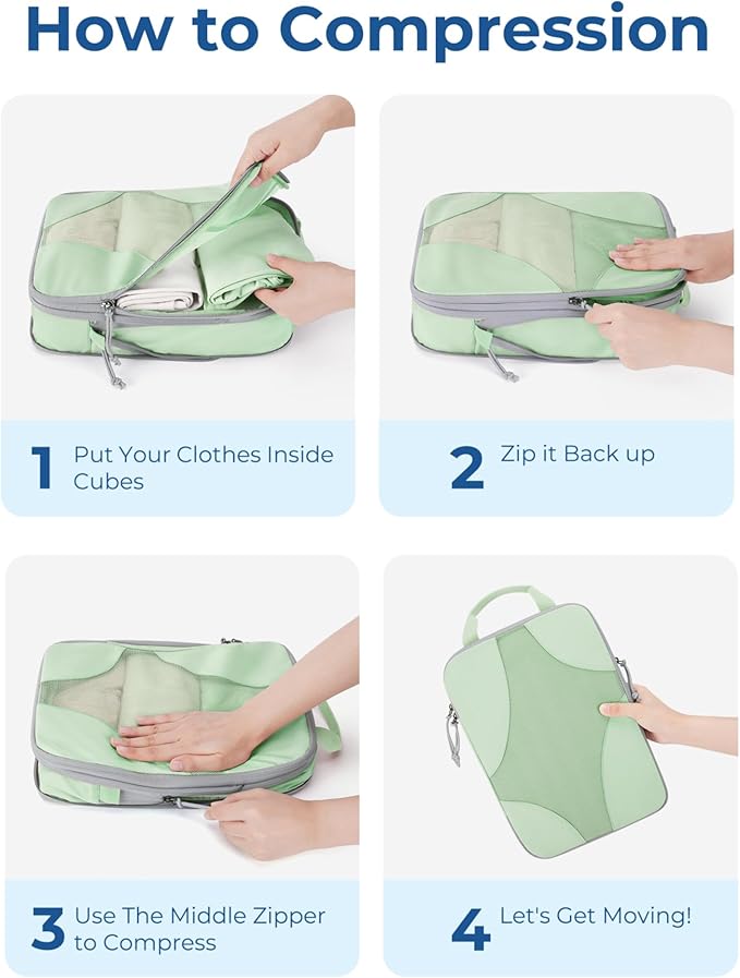 BAGSMART Compression Packing Cubes for Travel, Compressible Luggage Organizer for Cruise Ship, Lightweight Travel Essentials 6-Pack 1L+2M+2S+1Shoe Bag, Fruit Green