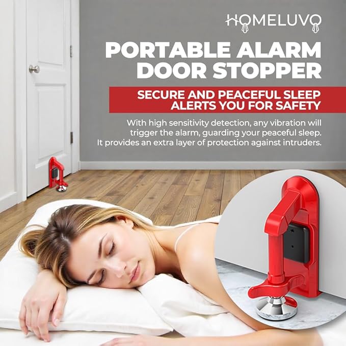 Portable Alarm Door Stopper - Strong Security Anti Theft Smart Lock for Travel Safety - Front Door Jammer Device for Apartment Hotel Home - No Drill Bottom Door Floor Blocker Brace with Siren