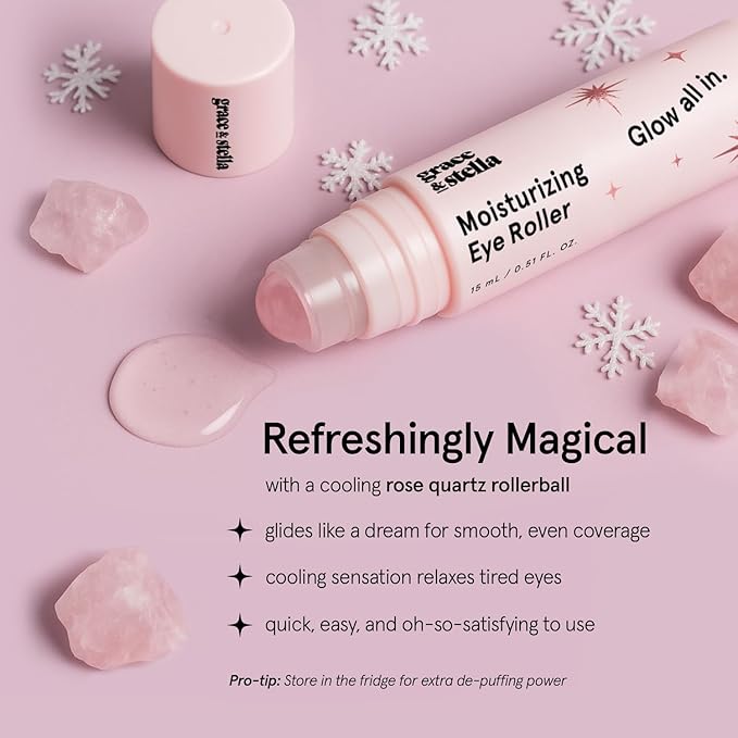 grace & stella Under Eye Brightener with Rose Quartz Rollerball - Centella Asiatica & Caffeine Under Eye Serum for Dark Circles & Puffiness - Travel Essentials, Birthday Gifts for Mom (15ml/0.51floz)