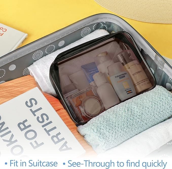 PACKISM TSA Approved Toiletry Bag 2 Pack - 1 Medium TSA Quart Carry-On & 1 Large for Checked Luggage, Water-resistant Clear Makeup Bag Clear Travel Bags for Toiletries, Black Brown