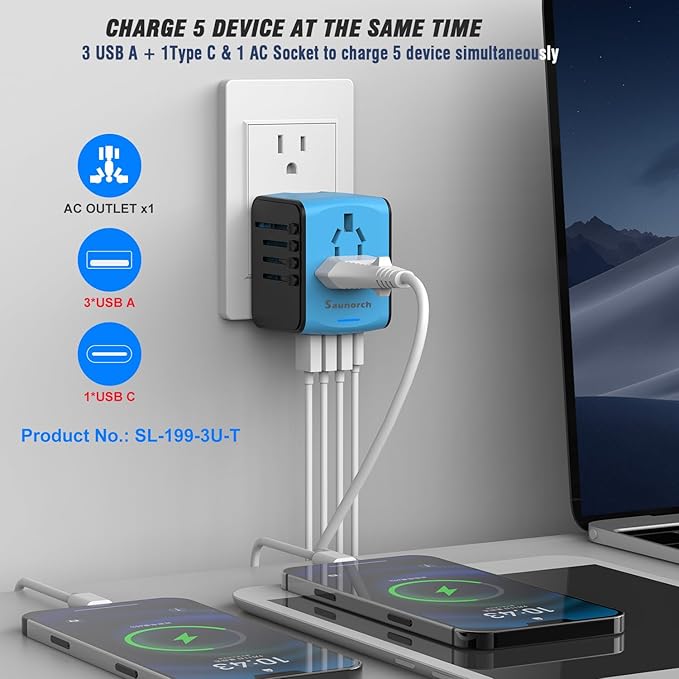 SAUNORCH Travel Adapter Worldwide, Universal International Power Plug Adapter W/2.4A 3xUSB-A and 3.0A Type-C Wall Charger, European Travel Plug Adapter for Europe UK EU US CA AU Italy Asia-Blue