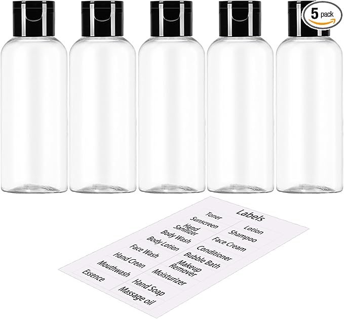 DNSEN 5 Pack 3.4 oz Travel Size Bottles for Toiletries TSA Approved Leak Proof Empty Refillable Liquid Containers with Labels