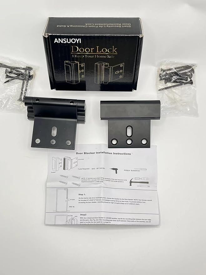 Child Safe Door Reinforcement Lock 2 Pack, 800lbs Heavy Duty Aluminum Inward Door Security Lock, 3 Inch Stop with Protective Silicone Strips for Extra Kids Safety(Black)