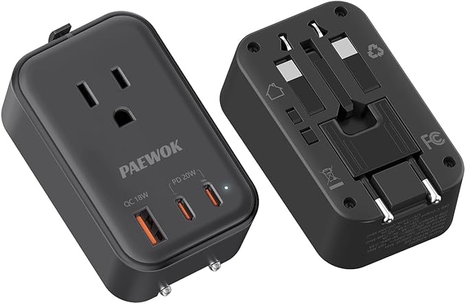 PAEWOK Travel Adapter PD 20W, Mini Universal Travel Adapter with 1 AC Outlet and USB Fast Charging, Ultra Thin International Plug Adaptor for US to European UK Italy Spain New Zealand (Type C G A I)