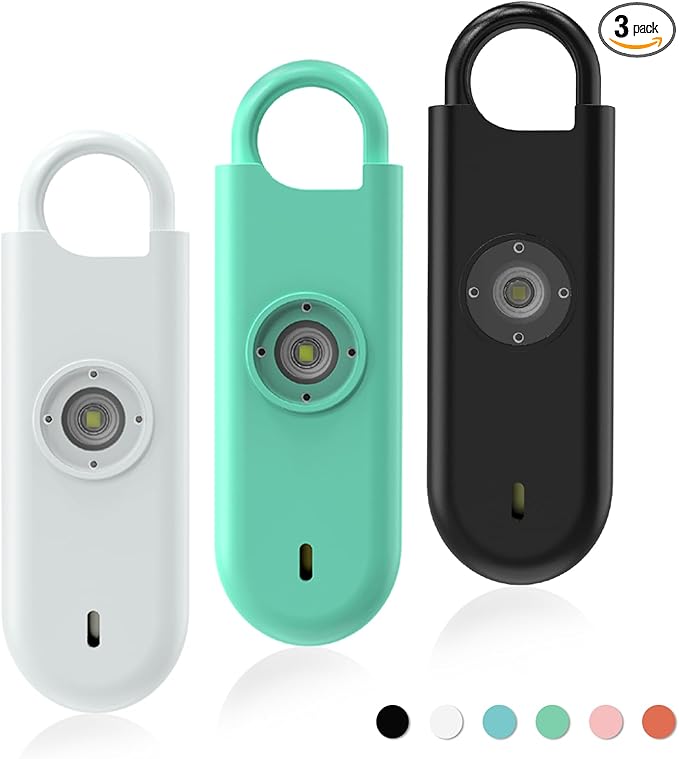 Fauxomor 140dB Personal Safety Alarm for Women, 3 Pack Safe Alarm Protection Keychain with Strobe Light & Low Battery Notice, Security Siren Self Defense for Seniors College Girls, White+Green+Black