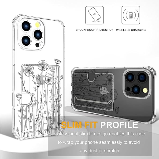 Compatible with iPhone 16 Pro Max Case Card Holder for Women Cute Design,Wallet Phone Cases Transparent Cool Kawaii Protective (Clear Black Flower Bouquet)