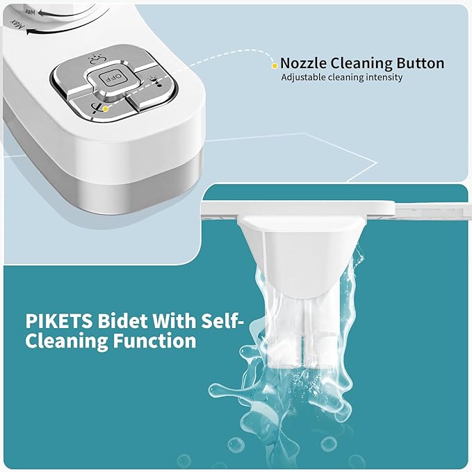 PIKETS Bidet Attachment for Toilet, Dual Nozzle (Frontal and Rear Wash) Non-Electric Fresh Water Toilet Seat Attachment with Nozzle Self Cleaning, Adjustable Water Pressure(Chrome Silver)
