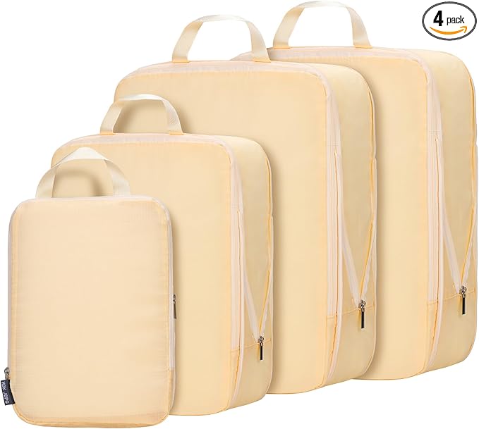 Carry on Compression Packing Cubes Travel for Suitcases ，Compressible Packing Cubes for Travel Women Packing Organizers 4 Set Ultralight (Beige)