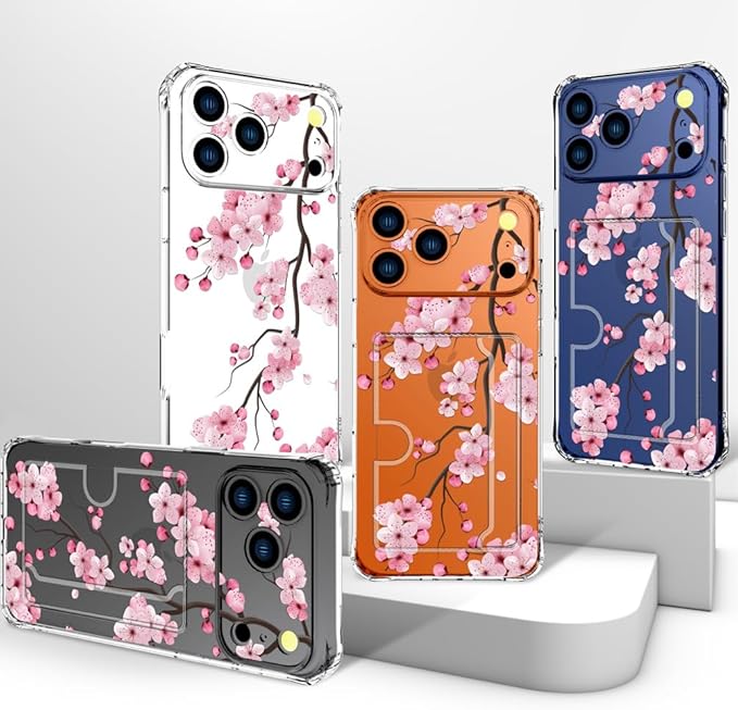 Compatible with iPhone 17 Pro Max Case Card Holder for Women Cute Design,Wallet Phone Cases Transparent Cool Kawaii Protective (Clear Sakura Peach Cherry)