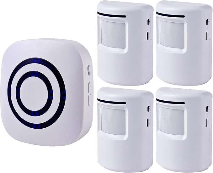 Seanme Motion Sensor Alarm, Wireless Driveway Alarm, Home Security Business Detect Alert with 4 Sensor and 1 Receiver,38 Chime Tunes - LED Indicators for Indoor Use