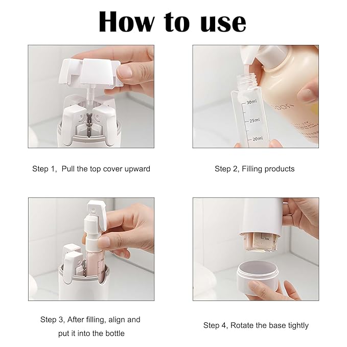 4 in 1 Travel Bottles for Toiletries - Refillable, Leak Proof, Portable Containers for Shampoo Lotion Conditioner Cream - Transparent with Scale and Label - for Business Trips Gym Camping (White)