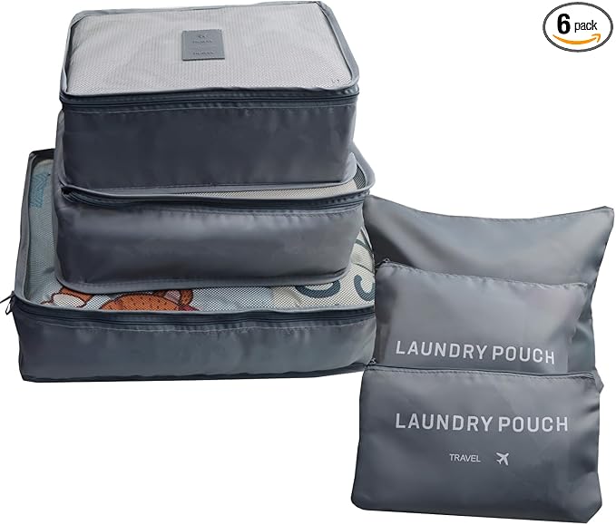 6 PCS Packing Cubes for Carry on Luggage - Travel Packing Organizers Set, Grey Polyester Mesh & Laundry Bags with Double Zipper & Portable Handle