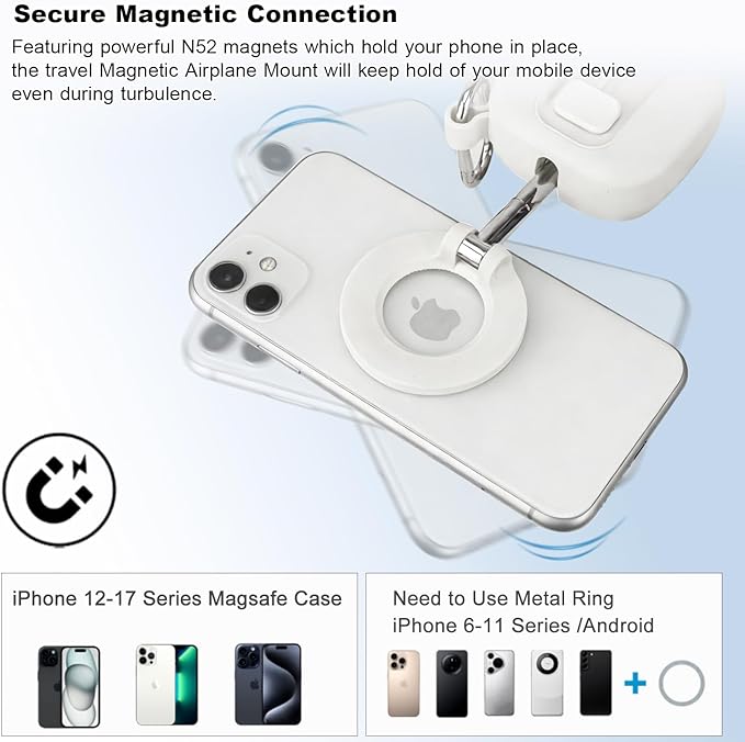 koolehaoda Airplane Phone Holder for Magsafe Air Plane Travel Essentials Magnetic Phone Mount Compatible with iPhone 17-12 Galaxy Mag-Safe Case, Handsfree for Long Flight Flying - White