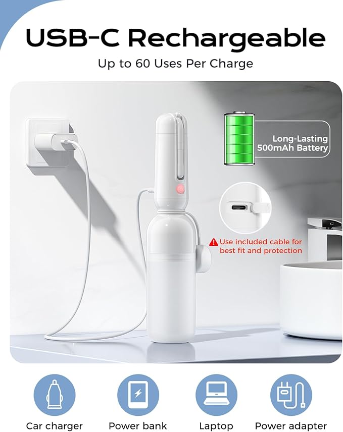 ESSAGER Portable Bidet for Travel, Foldable & Rechargeable Handheld Sprayer–Waterproof with 2 Pressure Modes, 350ml Expandable Bottle for Women, Men, Baby, Postpartum & Personal Hygiene(White)