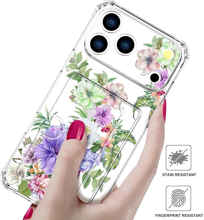 Compatible with iPhone 17 Pro Case Card Holder for Women Cute Design,Wallet Phone Cases Transparent Cool Kawaii Protective (Clear Impressive Flowers)