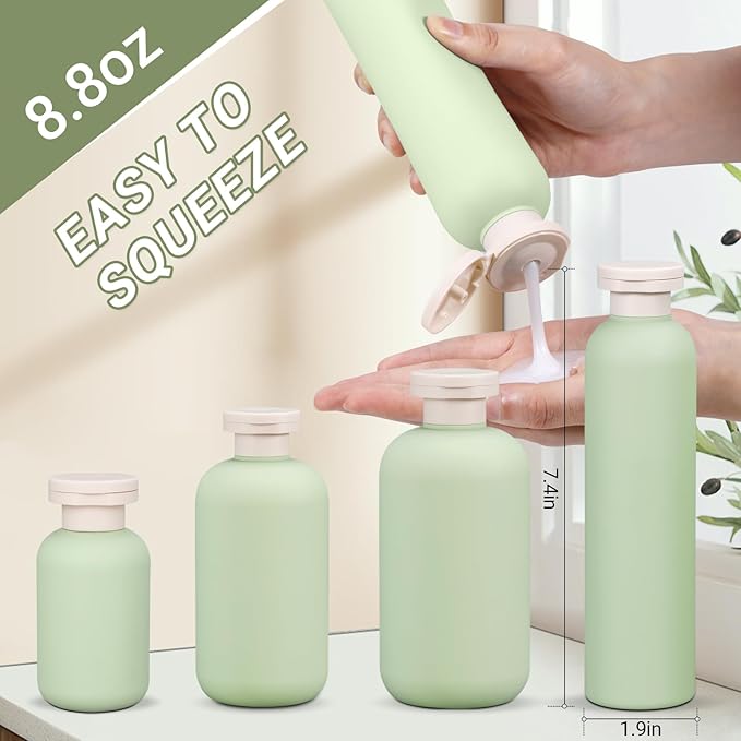 ASEVAT 8.8 oz Travel Refillable Shampoo Bottles, Plastic Empty Plastic Squeeze Bottles with Flip Cap, Travel Containers for Shampoo and Conditioner for Lotion, Cream and Liquids (4Pcs)