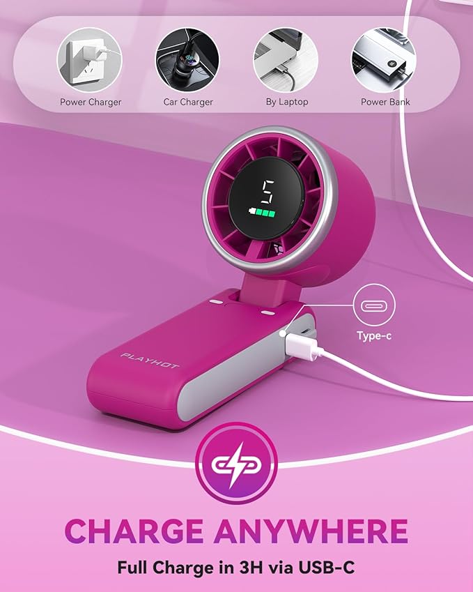 PlayHot Portable Handheld Turbo Fan, 5-Speed Personal Fans, 5000mAh Rechargeable Fans Up to 12 Hours, Weight only 0.6lb Small Fan, Hand/Neck/Desk Fan 3 IN 1, Beach Vacation Essentials(Magenta)