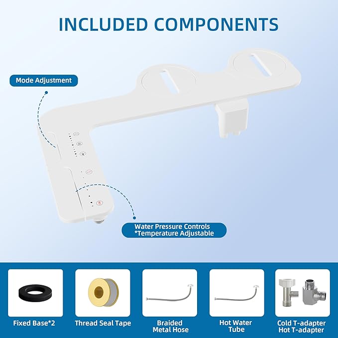 Bidet Attachment for Toilet, Adjustable WHot and Cold Water & Pressure, Self-Cleaning Dual Nozzles, Easy Install (White)