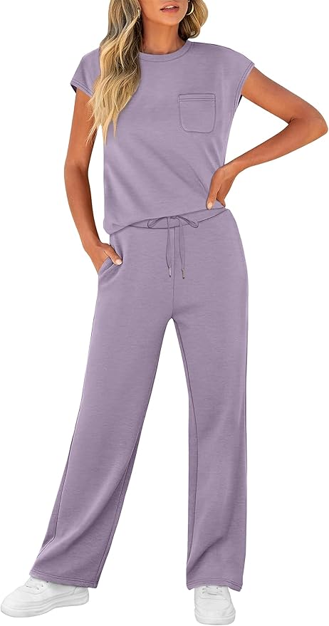 WIHOLL 2 Piece Sets for Women Casual Summer Travel Vacation Outfits Cap Sleeve Lounge Set